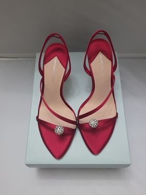 ANTONIO MELANI Red Satin Pointed Slingback Heels with Crystal Cluster